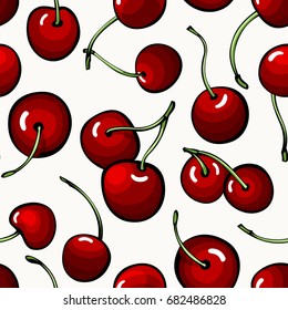 Seamless pattern with shining red cherry. Ripe fresh berries at white for repeatable food background. Vector illustration.