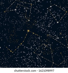 Seamless pattern with shining stars and constellations. Space print. Abstract Hand drawn background. Starry sky template for backdrops, banners, prints, posters, covers... Vector illustration.