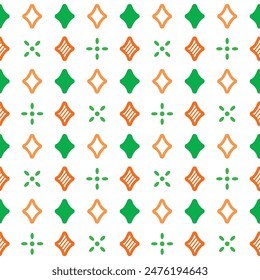 Seamless Pattern Shining Stars Green and Orange On White Background