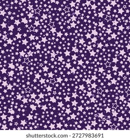Padrão contínuo com estrelas brilhantes sobre fundo roxo. Fundo de saudação bonito. Papel de embrulho. Ilustração vetorial