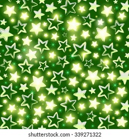 Seamless pattern with shining stars on green background. Beautiful greeting background. Wrapping paper. Vector illustration