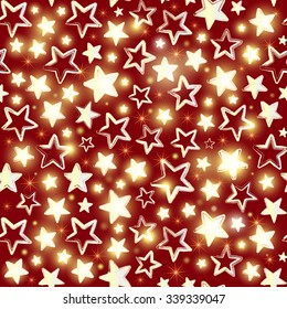 Seamless pattern with shining stars on red background. Beautiful greeting background. Wrapping paper. Vector illustration