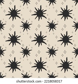 Seamless pattern with shining stars, sparkles on a light background. Unique print in boh style. Ideal for fabric template, cover, wrapper or postcard.