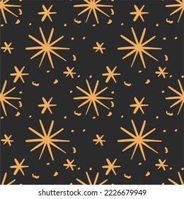 Seamless pattern with shining stars, sparkles on a dark background. Unique print in boh style. Ideal for fabric template, cover, wrapper or postcard.