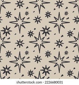 Seamless pattern with shining stars, sparkles. Unique print in boh style. Ideal for fabric template, cover, wrapper or postcard.