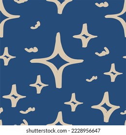 Seamless pattern with shining stars, sparkles on a blue background. Unique print in boh style. Ideal for fabric template, cover, wrapper or postcard.