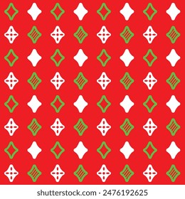 Seamless Pattern Shining Stars White and Green On Red Background, Christmas Images