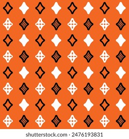 Nahtloses Muster glänzende Sterne Weiß und Schwarz auf orangefarbenem Hintergrund, Halloween-Bilder