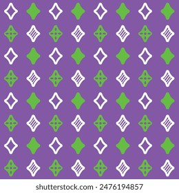Seamless Pattern Shining Stars White and Green On Purple Background