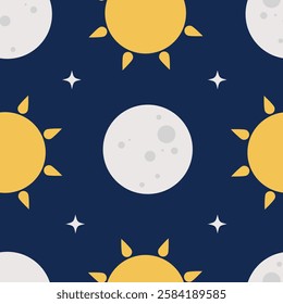 Seamless pattern with shining suns, full moons and twinkling stars. Hand drawn simple vector illustration in flat design.