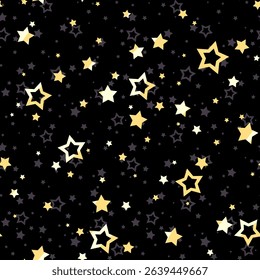 Seamless pattern with shining yellow stars on a black background. Vector seamless print. Hand-drawn illustration, not AI