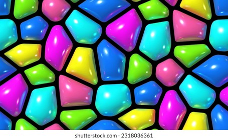 Patrón sin foco con formas vectoriales abstractas 3D brillantes, parecido a piedras gemelas multicolores, fondo de Voronoi