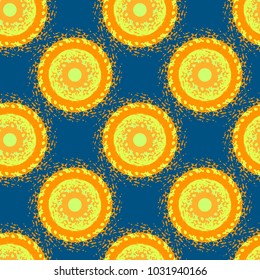 Seamless Pattern with Shiny Bright Yellow Sun on blue Background.