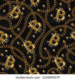 Seamless pattern with shiny gold bitcoin sign, metal realistic classic chains, beads on a black background. Concept of wealth and luxury. Bright vector illustration.