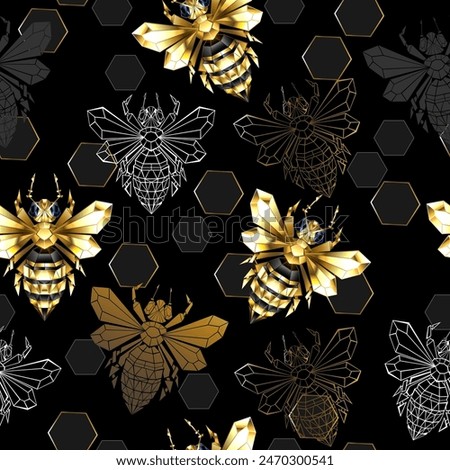 Seamless pattern of shiny gold and contour bees on  black background with honeycombs. Golden Bee.