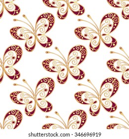Seamless pattern with shiny gold and purple butterflies, vector