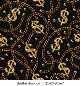 Seamless pattern with shiny gold usa dollar sign, metal realistic classic chains, beads on a black background. Concept of wealth and luxury. Bright vector illustration.