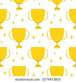 A seamless pattern with shiny golden trophy cup. Print with yellow award.
