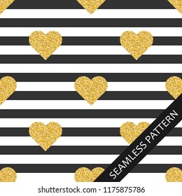 seamless pattern with shiny hearts with glitter on black and white stripes background. an endless pattern. vector illustration.