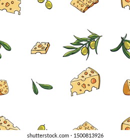  Seamless pattern of shiny olive branches and tasty yellow cheese. Vector food illustration isolated on white