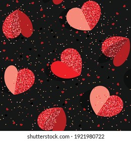 seamless pattern with shiny red hearts for valentine's day on black background, heart shape cut from paper, scattered confetti on background