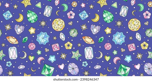 Patrón sin foco con brillantes rhinestonas y estrellas doradas. El fondo de moda de los años 2000 es glamuroso y cristalino. Ilustración vectorial dibujada a mano. 