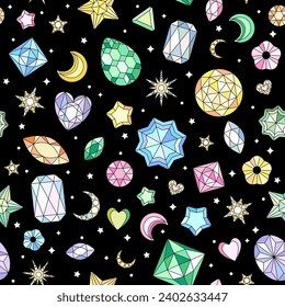 Seamless pattern with shiny rhinestones and golden stars. Trendy 2000s crystal glamorous background. Hand drawn vector illustration. 
