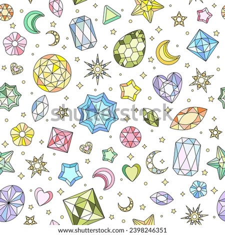 Seamless pattern with shiny rhinestones and golden stars. Trendy 2000s crystal glamorous background. Hand drawn vector illustration. 