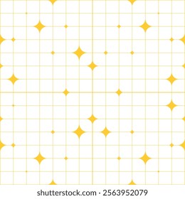 Seamless pattern with shiny stars and mesh. Abstract geometric texture vector in white and yellow.