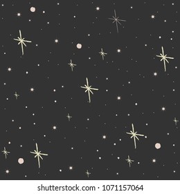 Seamless Pattern with shiny Stars. Repeating space pattern. Dark Starry Night. Part of Cosmos, Astronomy and Space Collection. Detailed Illustration. Vector Illustration