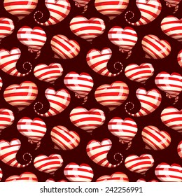 Seamless pattern of shiny, voluminous hearts on a dark background. Good as background for Valentine's Day Vector.