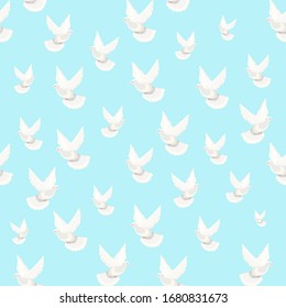 Seamless pattern with shiny white doves flying in different directions in a blue sky. Vector illustration.