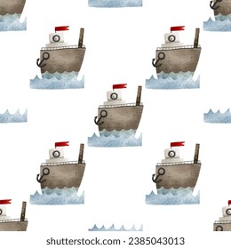 seamless pattern with ship and anchor floating on blue waves, nautical background. Cute childish illustration for newborn boat