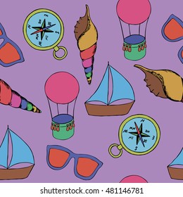 Seamless pattern with a ship, balloon, sunglasses