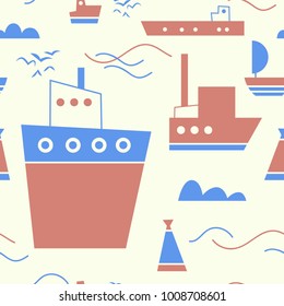 The seamless  pattern with ship, barge, boat, sailboat, seagull and buoy. Scandinavian children background for your design.Textile, blog decoration, banner, poster, wrapping paper.