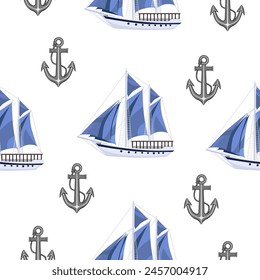 Seamless pattern of a ship with blue sails and anchors on a white background.Vector pattern for textiles, wallpaper, packaging.