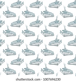 Seamless pattern, ship or boat or vessel and blue sea. animals, nature, wildlife. engraved hand drawn. marine or ocean fishes.
