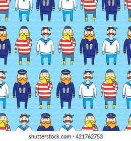 Seamless pattern with a ship crew, captain and sailors. Vector illustration