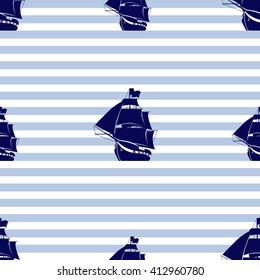 Seamless pattern with ship on striped background. Vector illustration.