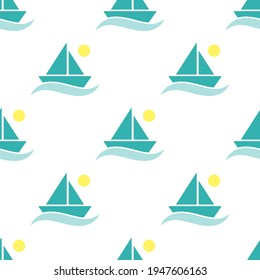 Seamless pattern ship on wave, blue boat on white background, simple design, summer sea print for baby boy's clothes, vector illustration