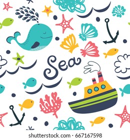 A seamless pattern with a ship and whales.