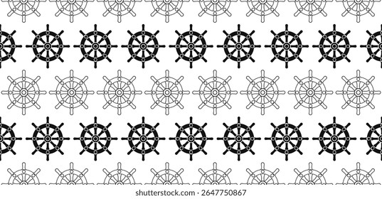 Seamless pattern of ship wheel icons in rows. Nautical rudder design in black and outline style. Perfect for marine themes, sailing, ocean decor, or maritime backgrounds.