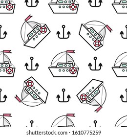 Seamless Pattern With Ships And Anchor Hand Drawn Design Element For Label And Poster