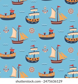 Seamless pattern with ships, anchor, steering wheel and wave. Cute Marine pattern for fabric, baby clothes, background, textile, wrapping paper. Nursery art style. 