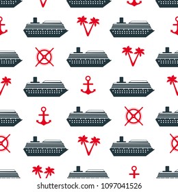 Seamless pattern with ships, anchors, palm trees and wheels. Vector illustration