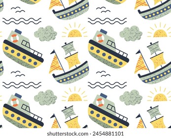 Seamless pattern of ships, boat. Doodle style childish ship. Marine transport clipart. Collection of cute ships.