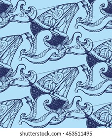Seamless pattern with ships and boats. Freehand drawing. Vector illustration.