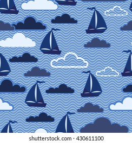 Seamless pattern with ships and clouds in wavy lined background.