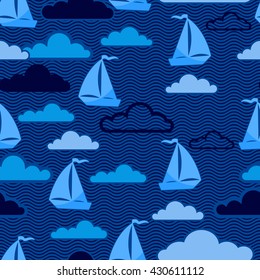 Seamless pattern with ships and clouds in wavy lined background.