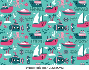 Seamless pattern with ships. 	
Seamless pattern in the concept of children's drawings.